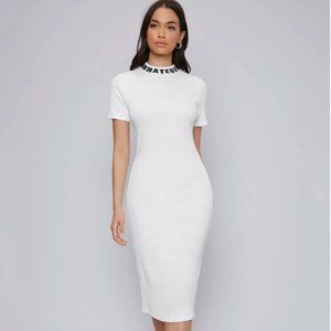 BRAND NEW Letter Print Hem Rib-Knit White Midi Bodycon Dress Size S!